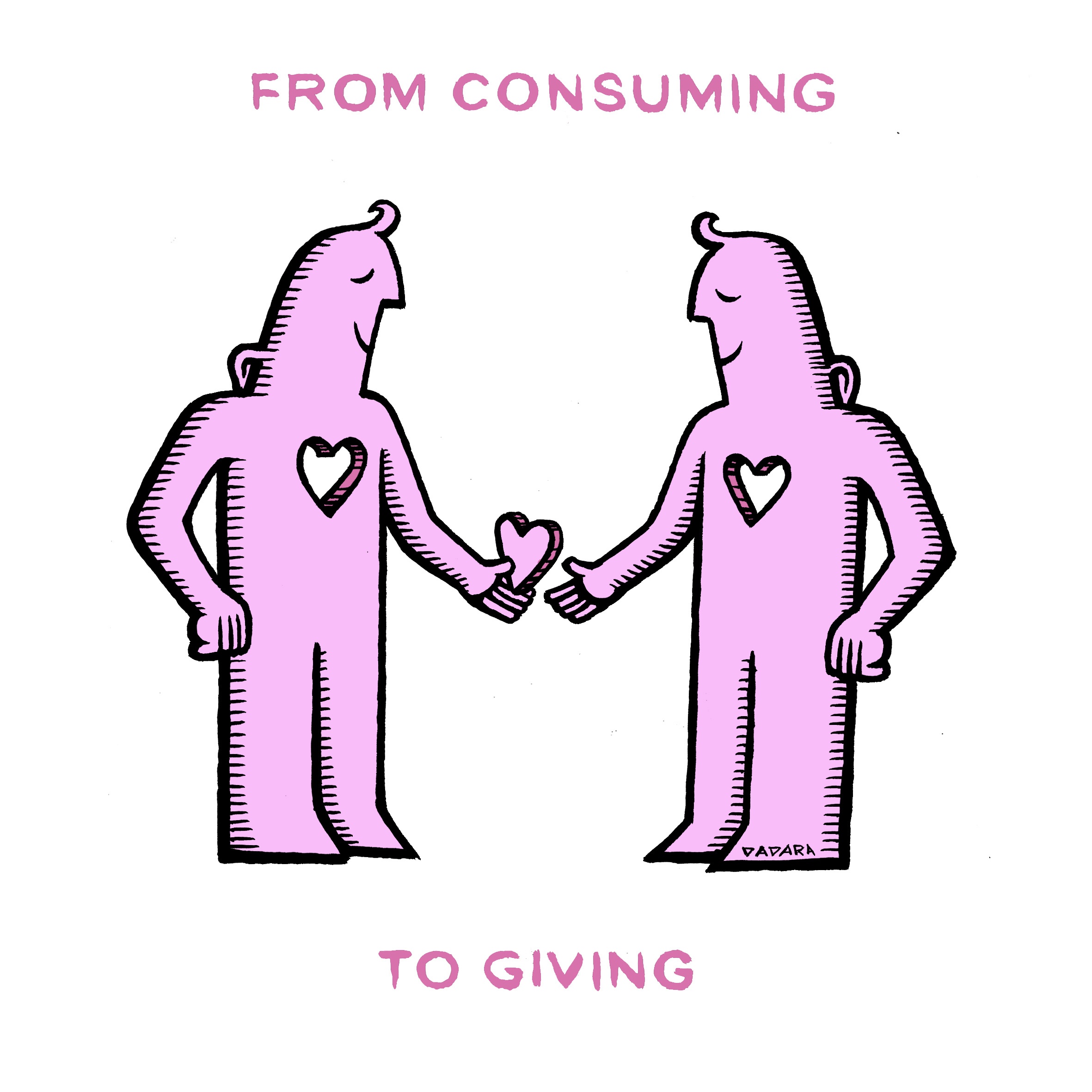 An ilustration of two people sharing one heart. Text: From consuming to giving.