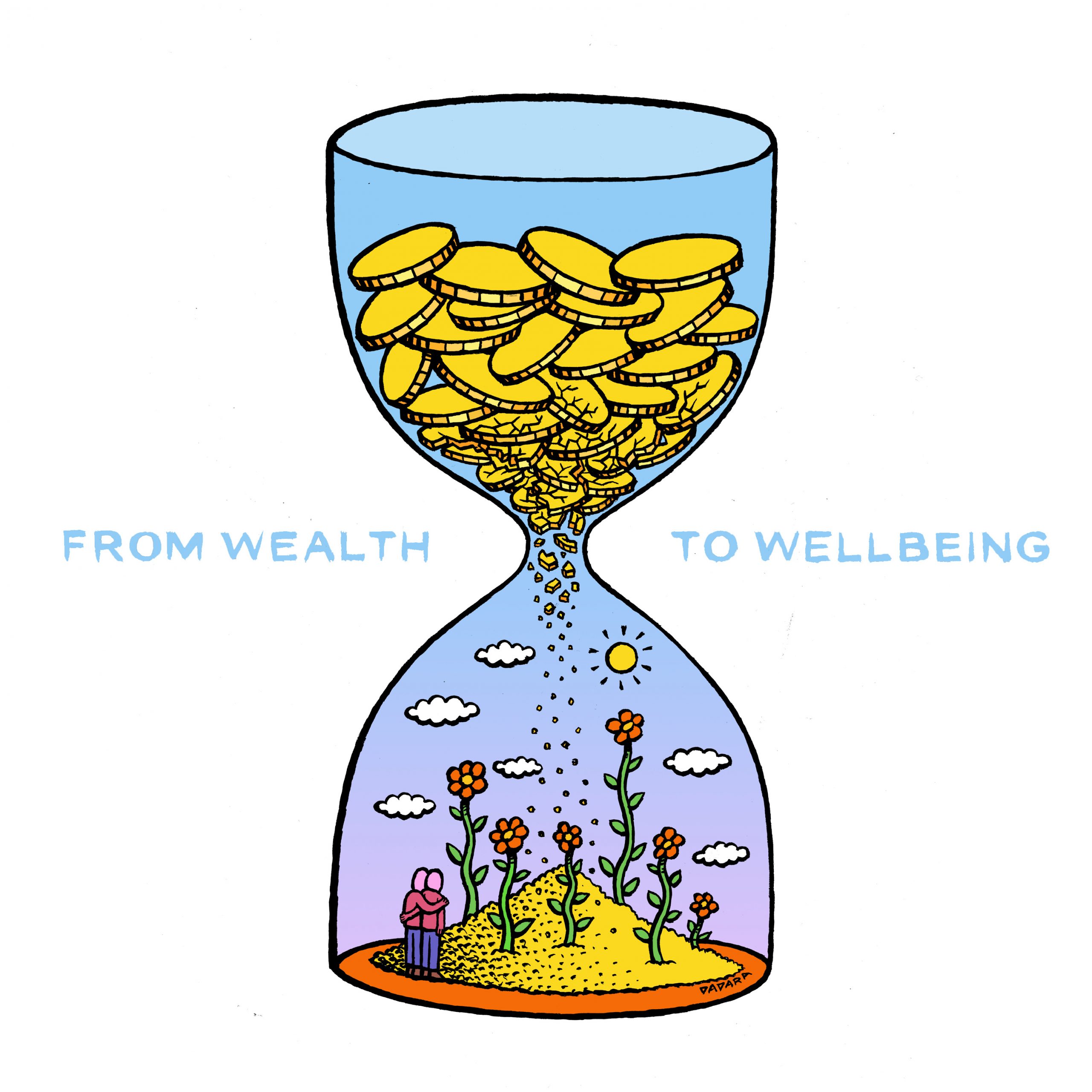An illustration of an hourglass with money in the top part and image of happy society in the bottom part. Text: From wealth to well-being.