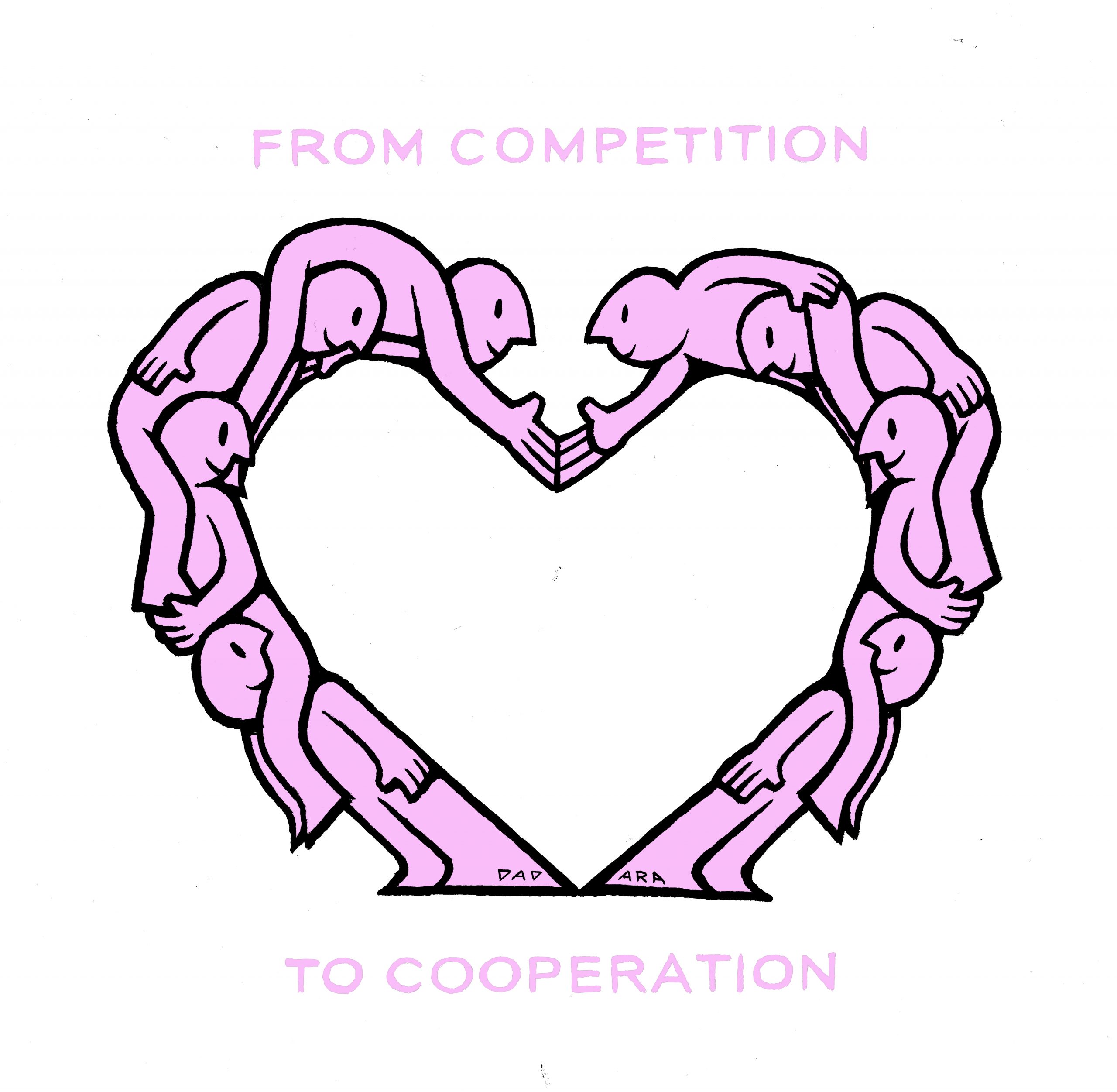 An illustration of group of people forming a heart. Text: From competition to cooperation.